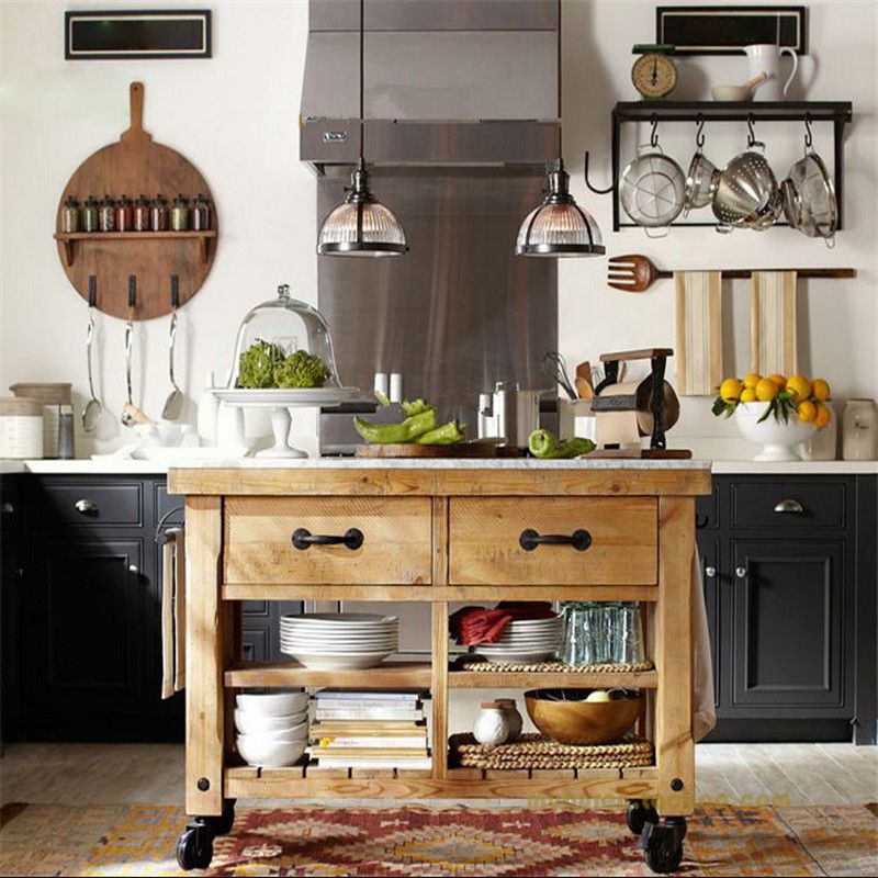 Modern Style Rolling Kitchen Cart Wood Rectangular Kitchen Island Cart with Towel Rack