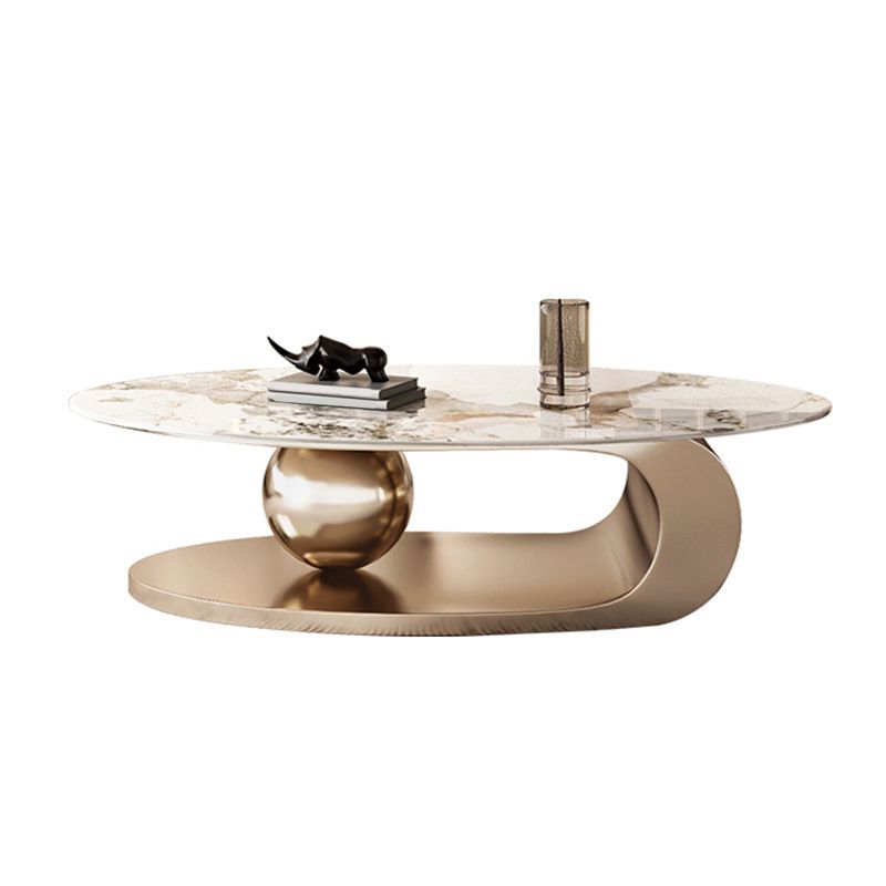 Elliptical Stone Glam Abstract Coffee Cocktail Table with Floor Shelf