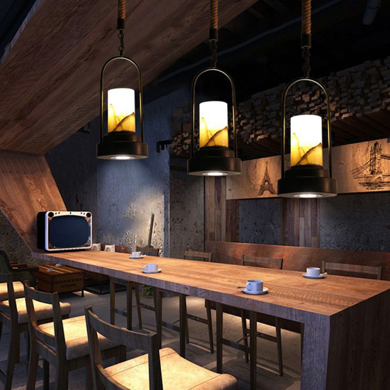 Faux Candle Wine Bar Pendant Lamp Rural Marble 1-Light Black Hanging Light Fixture with Arched Frame and Rope Detail