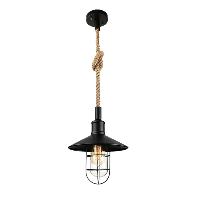 Barn/Bowl/Saucer Iron Suspension Light Farmhouse Single Dining Room Ceiling Pendant in Black with Hemp Rope Cord