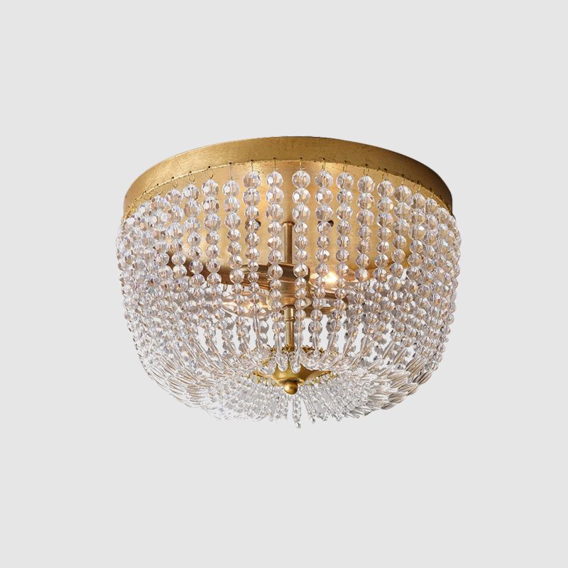 Dome Frame Crystal Strand Ceiling Flush Modernist 3 Bulbs Gold Finish Flush Mounted Lighting