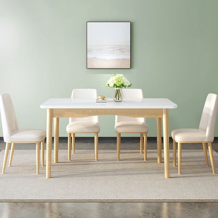 Contemporary Rectangular White Glass Dining Table with Solid Wood Legs