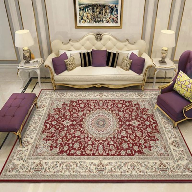 Retro Moroccan Print Area Carpet Red Tone Polyester Rug Washable Carpet for Home Decoration
