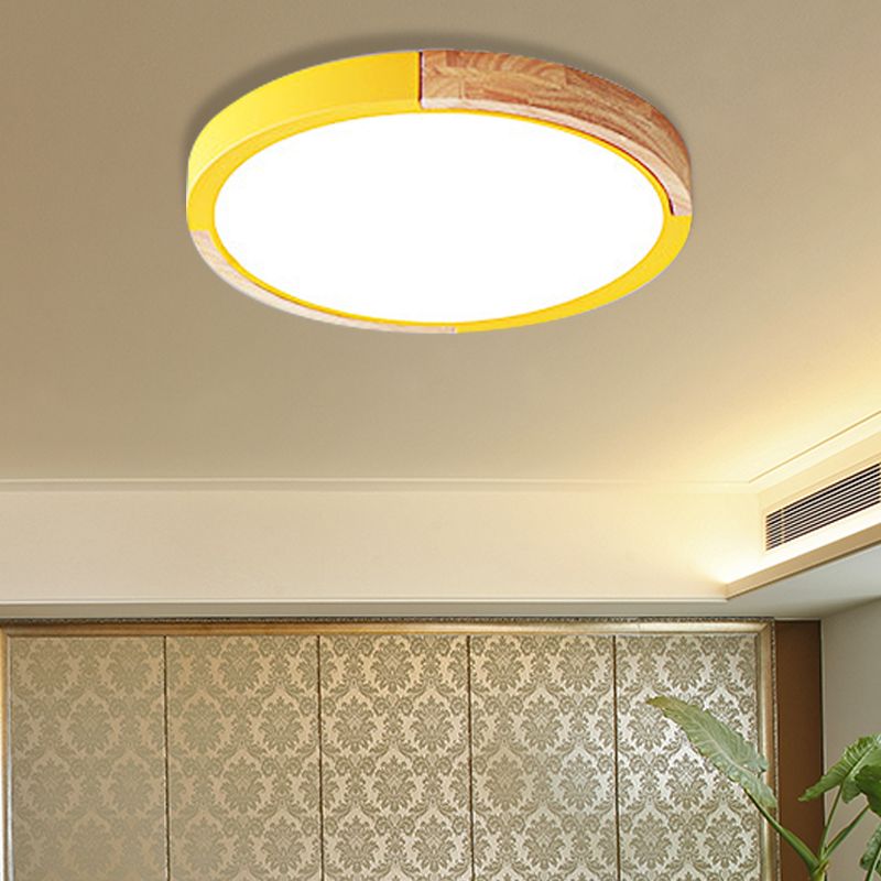 Nordic Style LED Ceiling Flush Black/Pink/White and Wood Splicing Disc Flush Mount Lighting with Acrylic Shade, Warm/White Light
