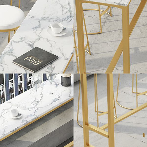 Stone Rectangle Bar Dining Table Contemporary Bar Table with Trestle Base in Gold