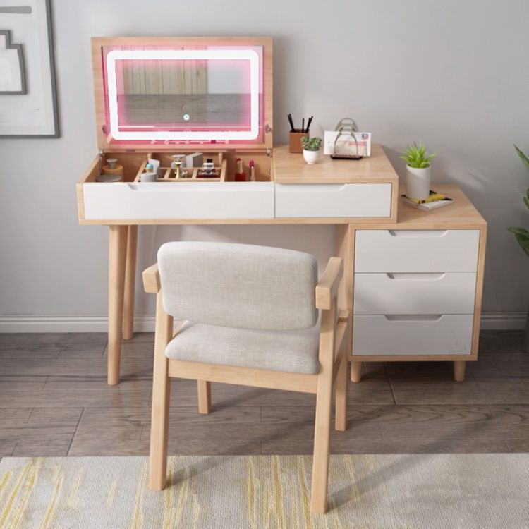 Modern Rubberwood Dressing Table Set with Stool 1-Mirror Wood Vanity Table