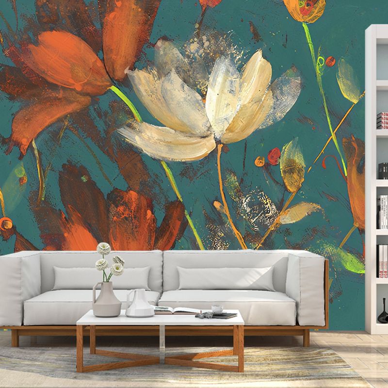 Extra Large Retro Mural Wallpaper in Orange and Green Blossoms Wall Art, Made to Measure
