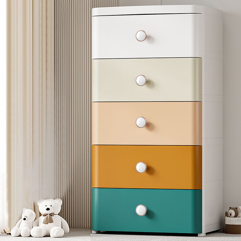 Scandinavian Plastic Kids Nightstand Vertical Nursery Dresser with 5 Drawers for Home