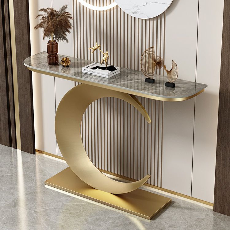 Stain Resistant Console Table with Iron Pedestal Base and Stone Top