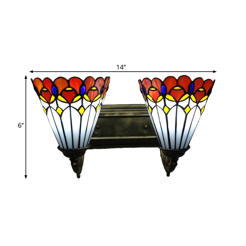 Conical Wall Sconce Light Stained Glass Tiffany Wall Lighting with Curving Arm in Red