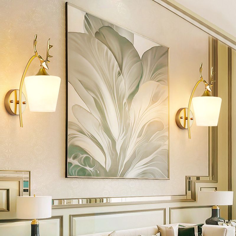 Modern Creative Antler Wall Lamp Wrought Iron Wall Sconce with White Glass Shade