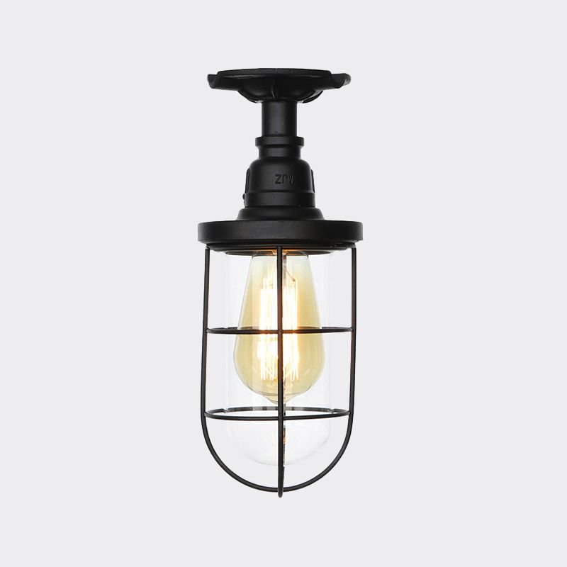1-Head Caged Semi Flushmount Antiqued Black Iron Flush Ceiling Lamp with Clear Glass Shade