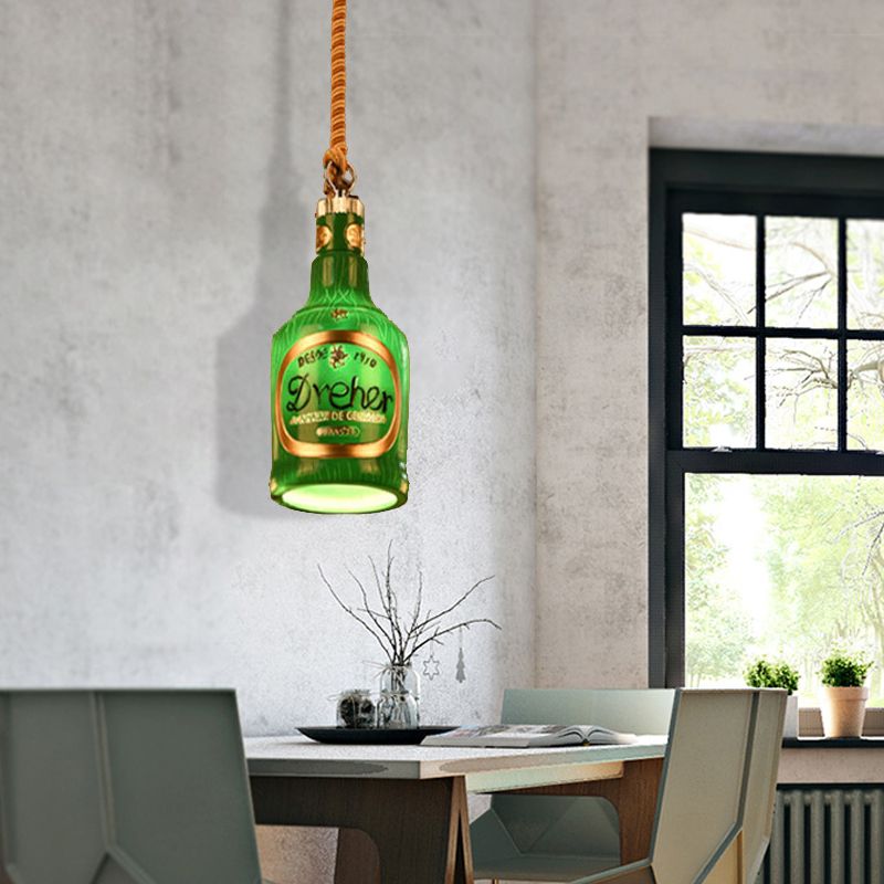Resin Red/Yellow Drop Pendant Wine Bottle 1 Light Industrial Style Hanging Lamp Kit for Restaurant