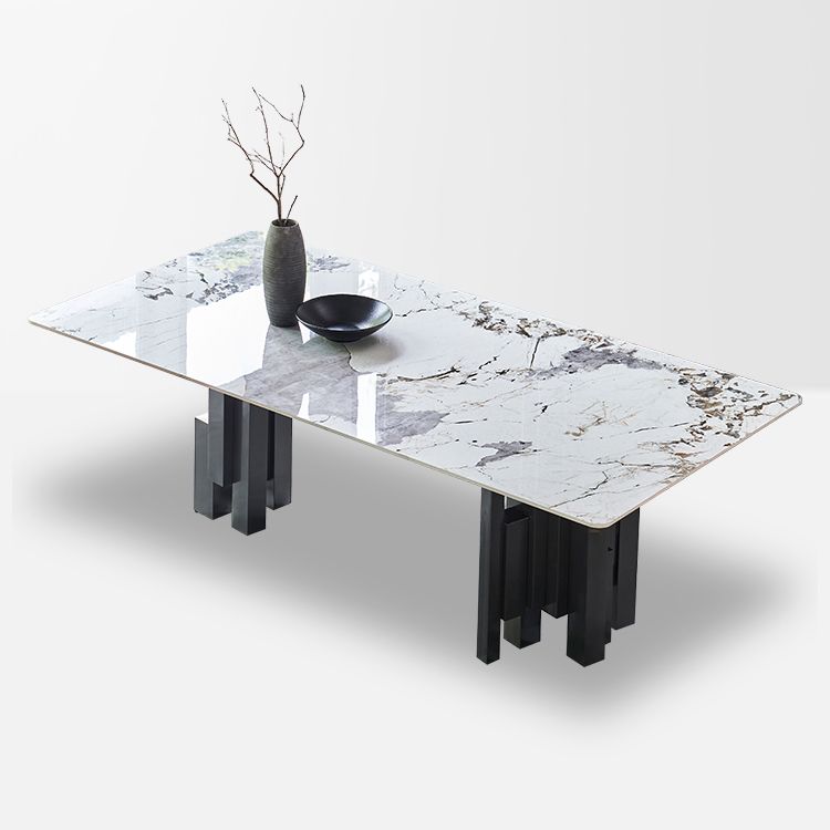 Modern Style Sintered Stone Dining Set with Grey Rectangle Shape Table and Double Pedestal Base