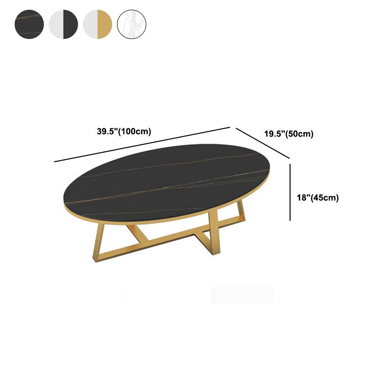 17.7" H Glam Oval Slate Coffee Table Metal Cross Legs Cocktail Table