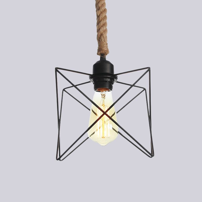 Drahtkäfig -Esszimmer hängend hängendes Vintage Metallic 1 Glühbirne Schwarz Anhängerlampe mit Seilkabel