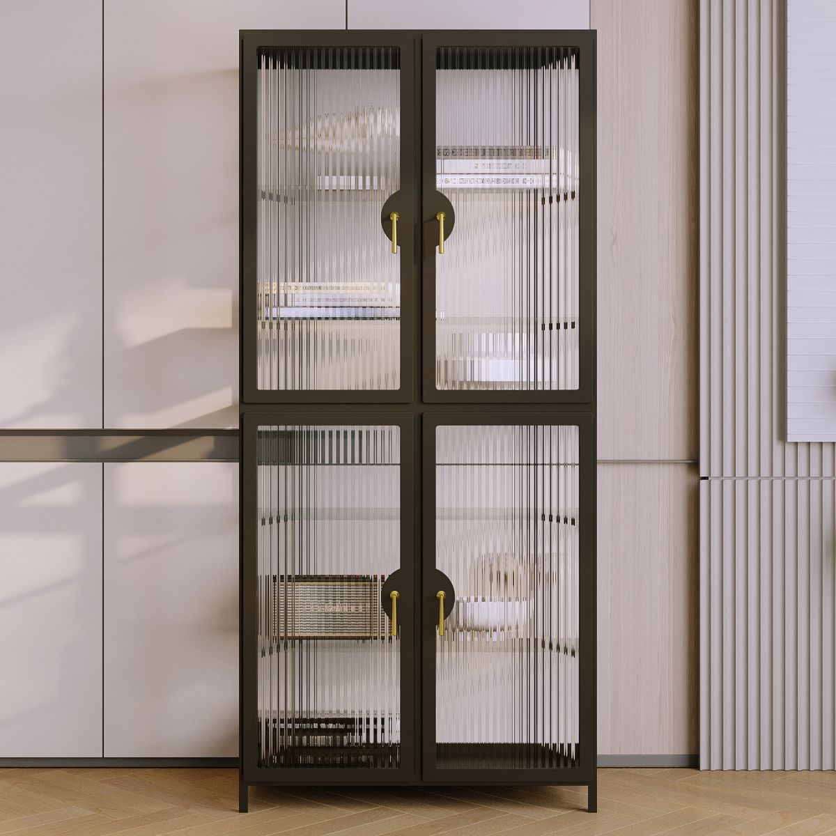 Modern Glass Doors Curio Cabinet Metal Storage Cabinet for Living Room