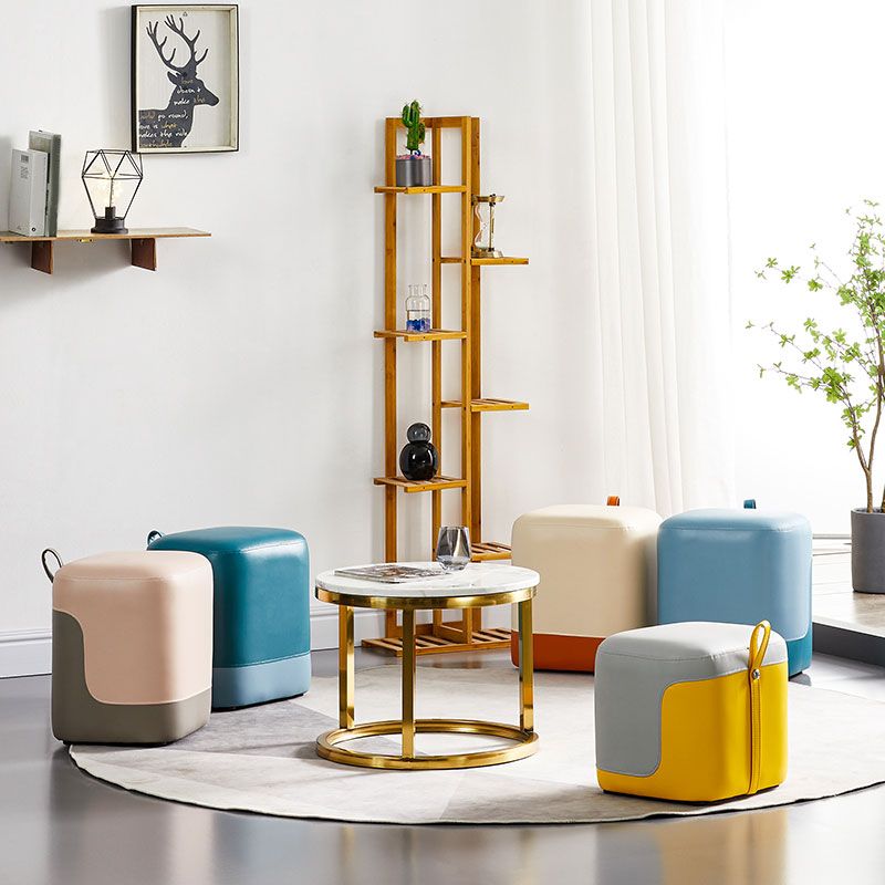 Modern Square Pouf Fade Resistant Contrast Color Faux Leather Pouf Ottoman