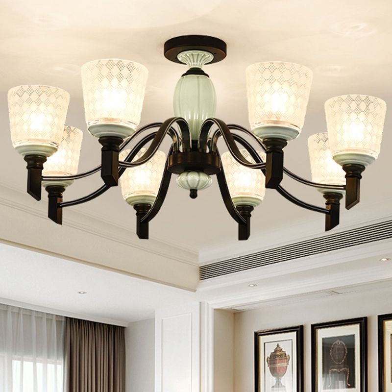 Tapered Living Room Semi Flush Traditional Rhombus Glass Light Green Ceiling Mount Chandelier