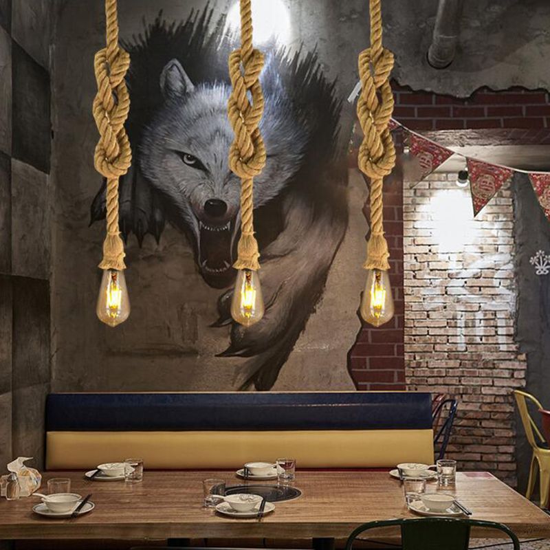 Natural Hemp Rope Hanging Light Retro Industrial Bare Bulb Single Light Ceiling Pendant for Bar Coffee Shop