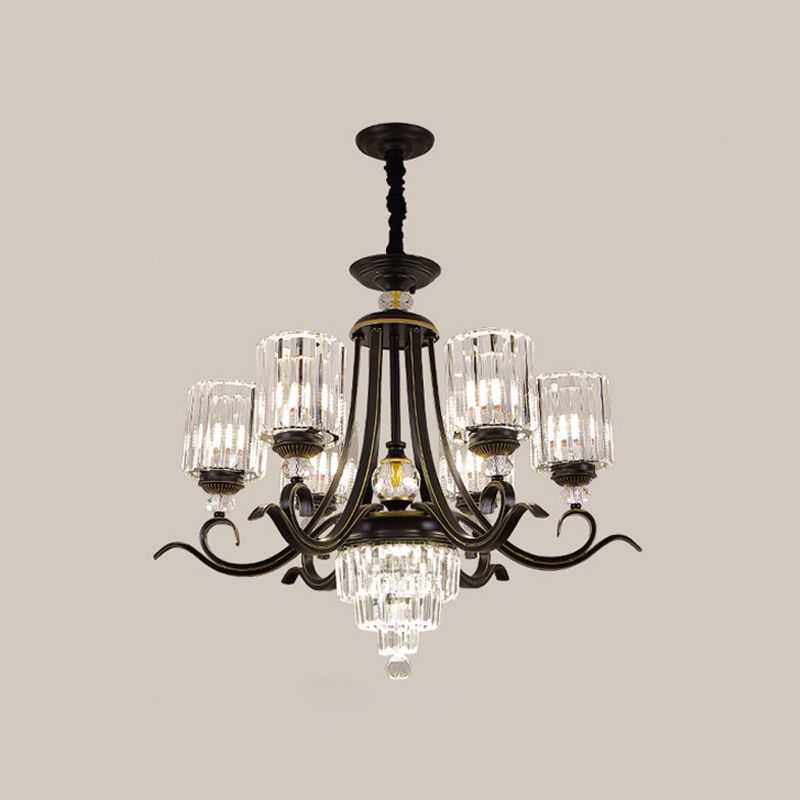 Kristallblockzylinder Kronleuchter minimalistisch 6/8-Bulb-Deckenleuchte mit kurviger Arm in Schwarz