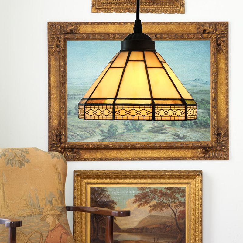 Cone Hanging Light Fixture Mission Cut Glass 8"/12"/16" W 1 Light Antique Brass Suspension Pendant for Living Room