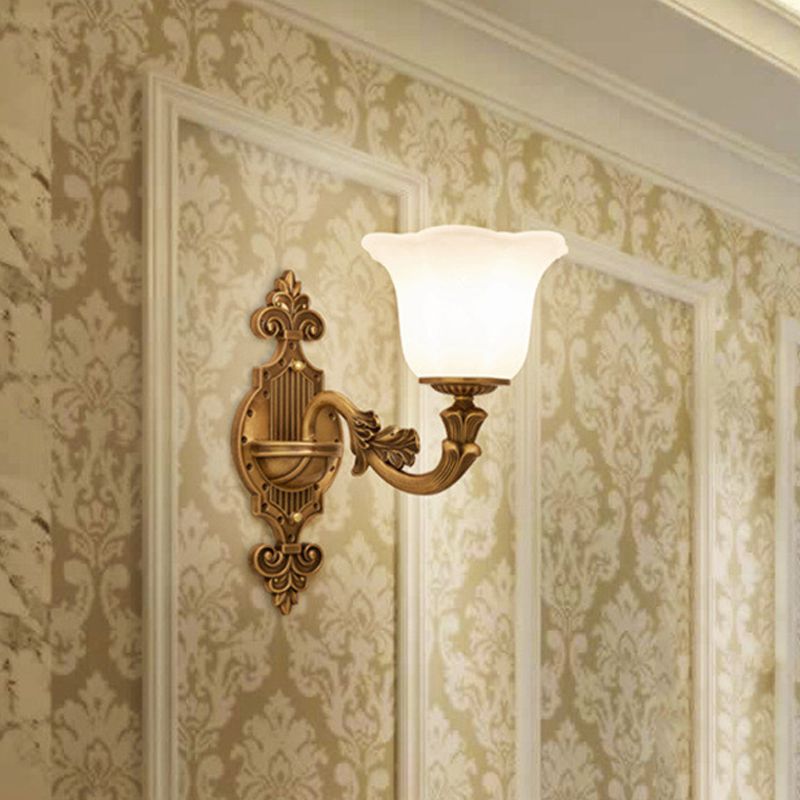 Traditional Bell Shade Wall Lighting 1/2-Light Frosted Glass Wall Mounted Light in Brass for Hallway
