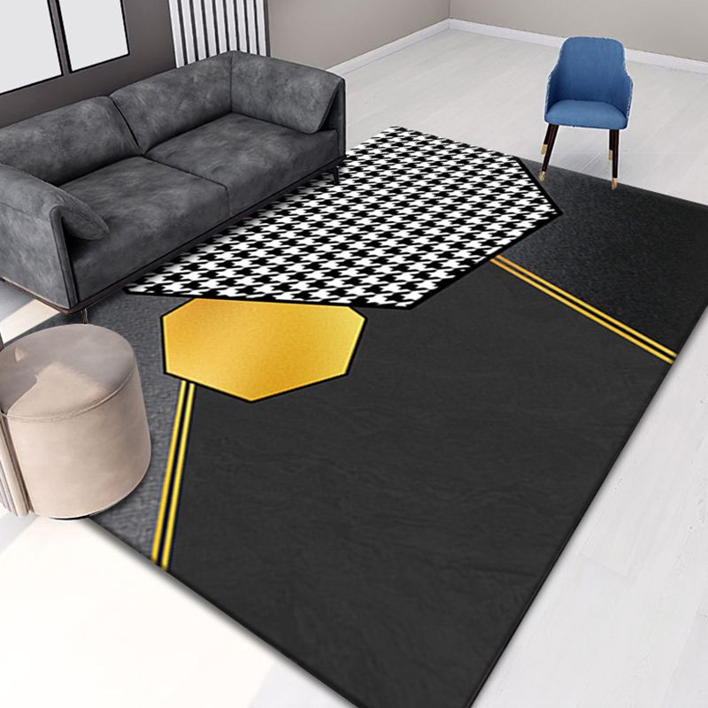 Black Modern Rug Polyester Grating Indoor Rug Stain Resistant Rug for Home Decor