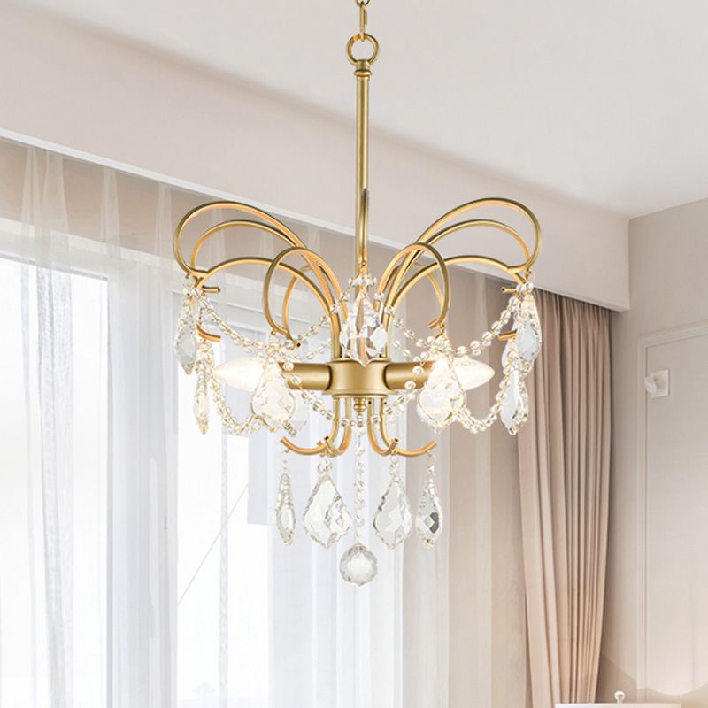 3 Bulbs Butterfly Chandelier Lighting Rural Gold Metal Pendant Lamp with Crystal Strand Decor