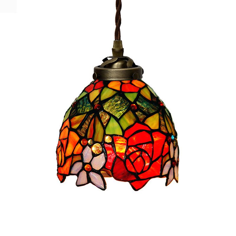Tiffany Domed Pendant Light 1 Light Red/Pink/Yellow Stained Glass Ceiling Suspension Lamp for Dining Room