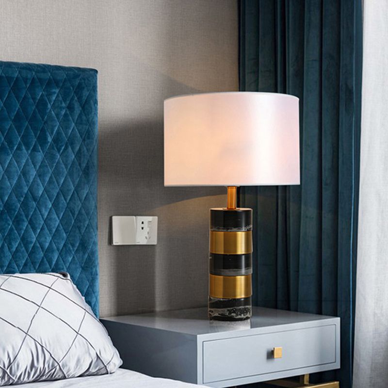 Modern Drum Nightstand Lamp Fabric 1 Head Living Room Table Lighting with Marble Base in White