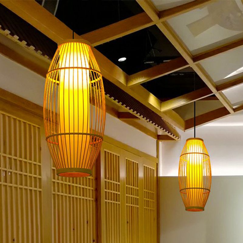 Ristorante a forma di barile Ampiccamento di illuminazione Bamboo 1 lampadina a ciondolo asiatico in legno