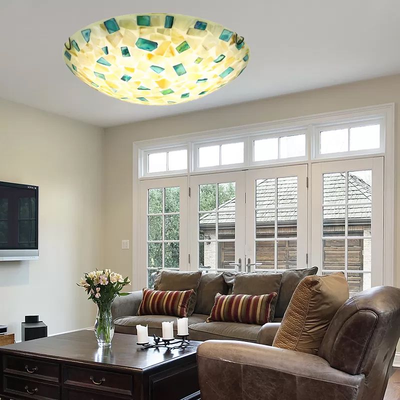 Beige/Blue Bowl Ceiling Light Fixture Vintage Mosaic Glass 1 Bulb 12"/16"/19.5" W Flush Mount Ceiling Light for Dining Room