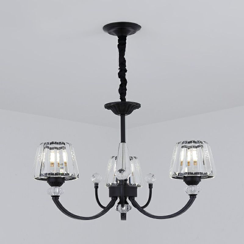 Conical Hanging Chandelier Minimalist Crystal Black Suspension Light with Arched Arm
