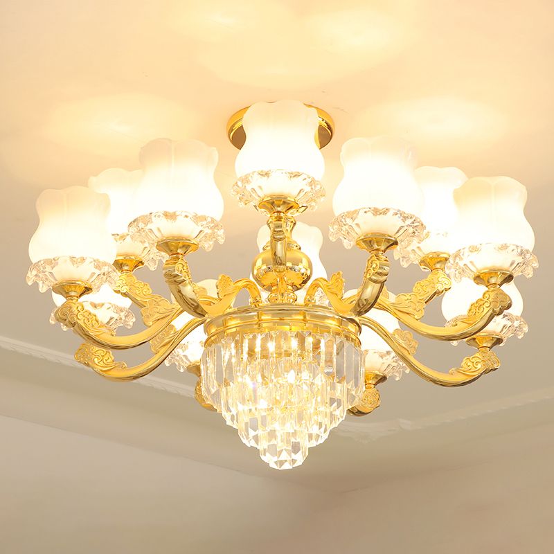 Retro Style Bud Suspension Light Cream Glass Chandelier Light with Layered Crystal Decor in Gold