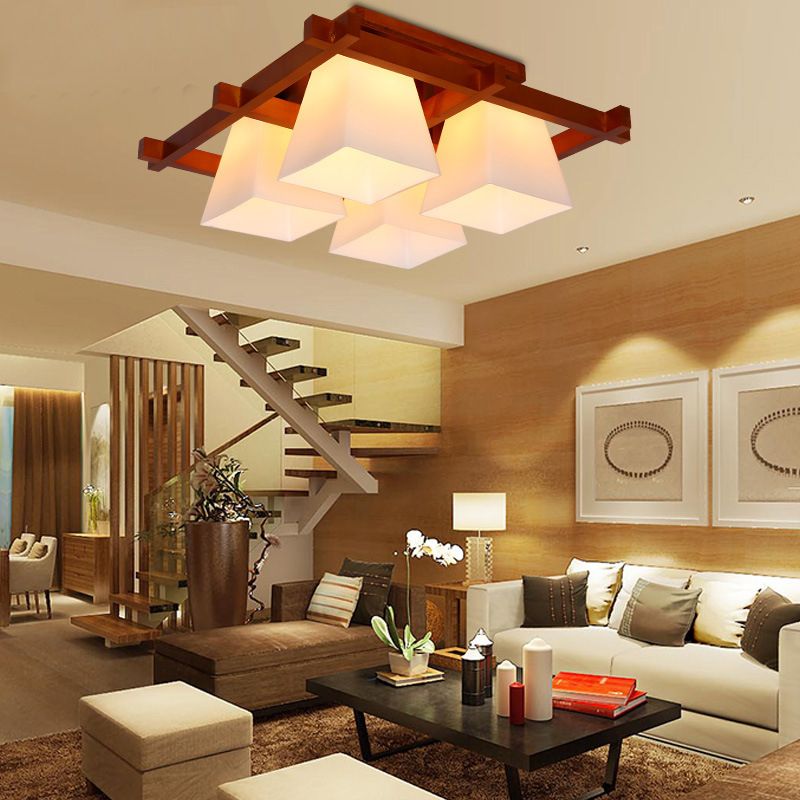 Red Brown Checkered Ceiling Fixture Modern Wooden Flush Mount Light with White Glass Shade