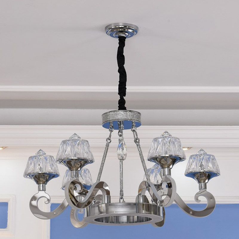 Modern Scrolled Arm Ceiling Light 6 Bulbs Clear Crystal Block Chandelier Lighting Fixture in Chrome