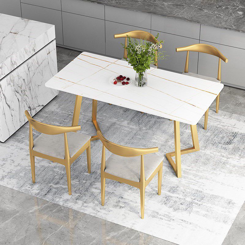 Mesa de comedor rectangular estilo Glam, mesa con pedestal doble con piedra sinterizada