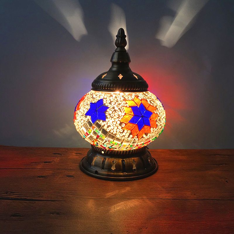 1 Head Globe Table Lamp Traditional Red/Orange/Light Blue Stained Class Nightstand Lamp for Bedroom