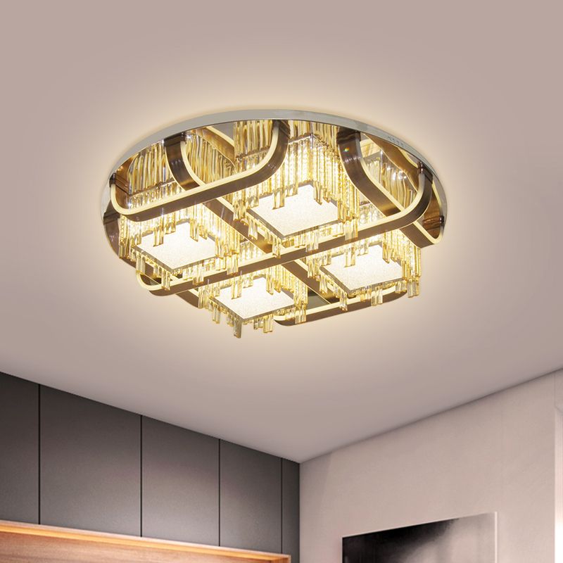LED Circle Flush Lighting Modern Stainless-Steel Rectangular-Cut Crystals Ceiling Lamp with Cubic Shade