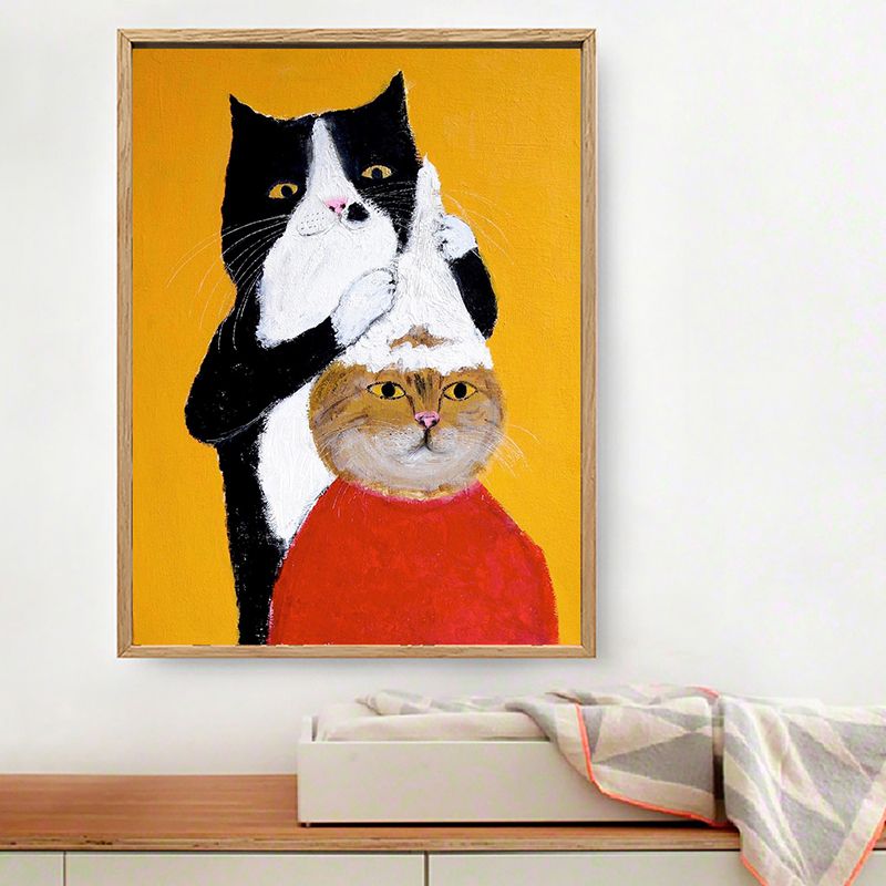 Cats Drawing Canvas Print Cartoon Cute Animal Wall Art in Yellow for Child Bedroom