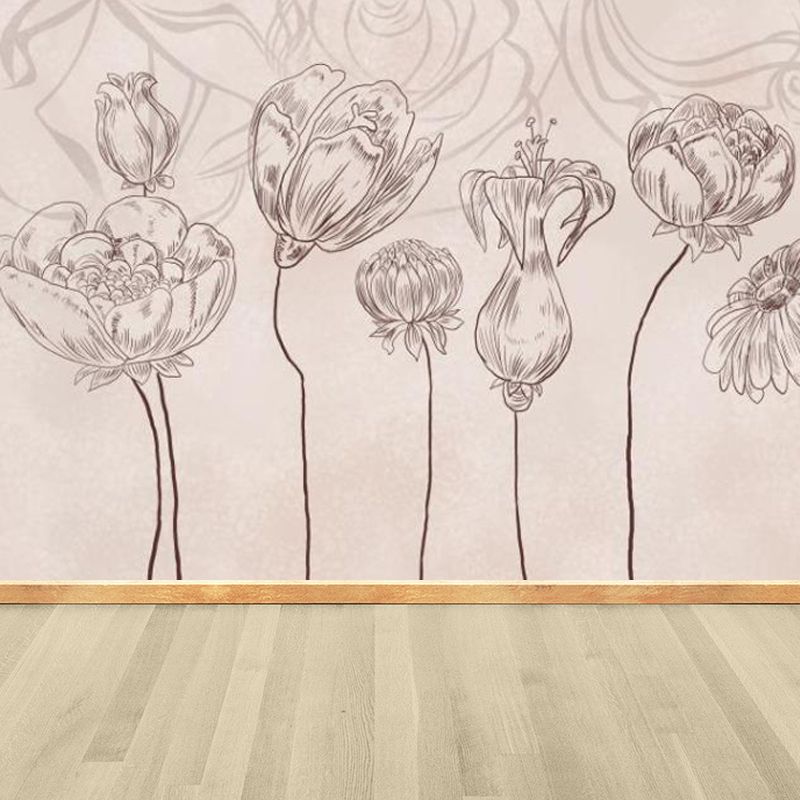 Pencil Drawing Flowers Wall Mural Pink Modern Style Walll Art for House Interior