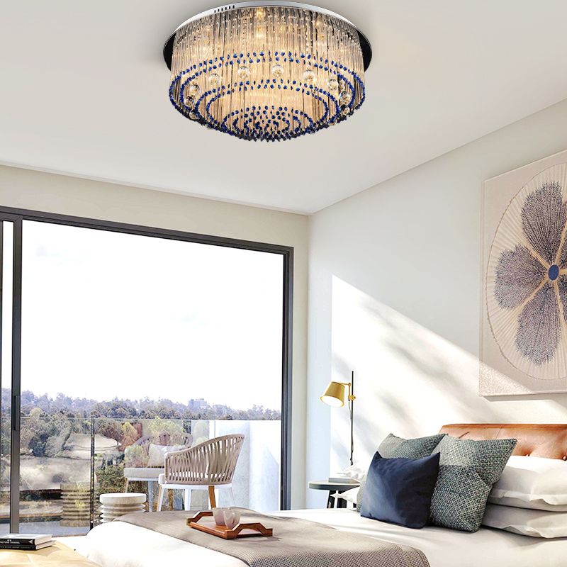 Round Crystal Rod Flush Mount Lamp Contemporary 6/9/14 Lights Nickel Ceiling Light Fixture