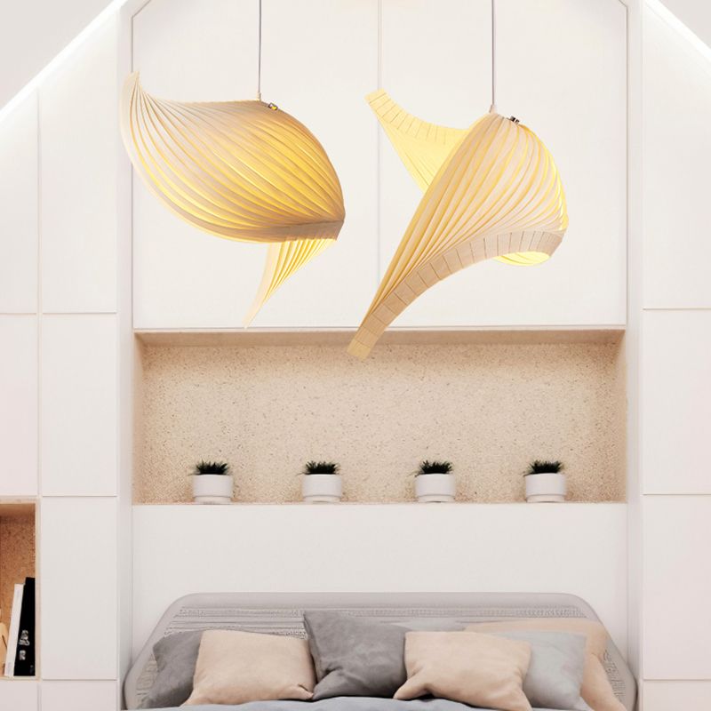 Artistic Shell Suspension Lamp Minimalist Natural Wood 1 Bulb Staircase Pendant Light