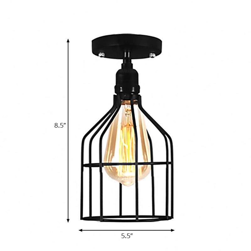 Plafonnier semi-encastré en fer Global/Barrel avec protection en fil de style ferme, plafonnier à 1 lumière pour café, noir