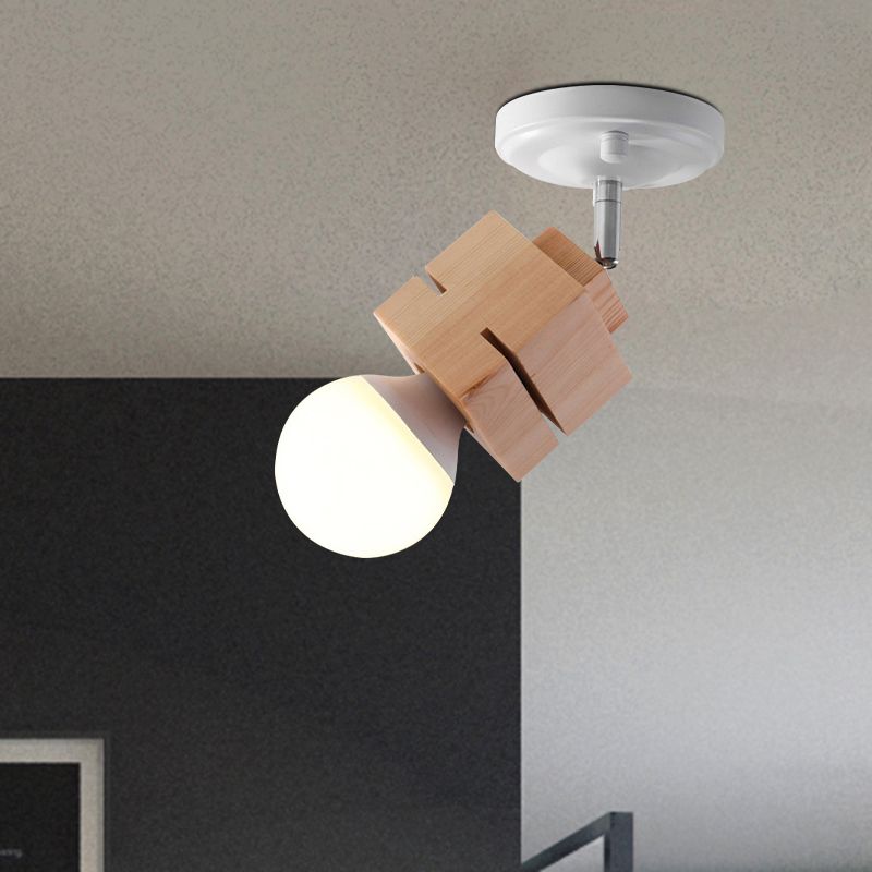Metal Bare Bulb Semi Flush Ceiling Light Modern 1 Light White Finish Flushmount with Wood Top