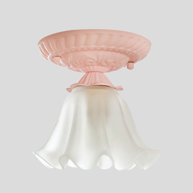 Scalloped Metal Ceiling Light Country 1 Bulb Living Room Flush Mount Lighting in White/Pink/Blue