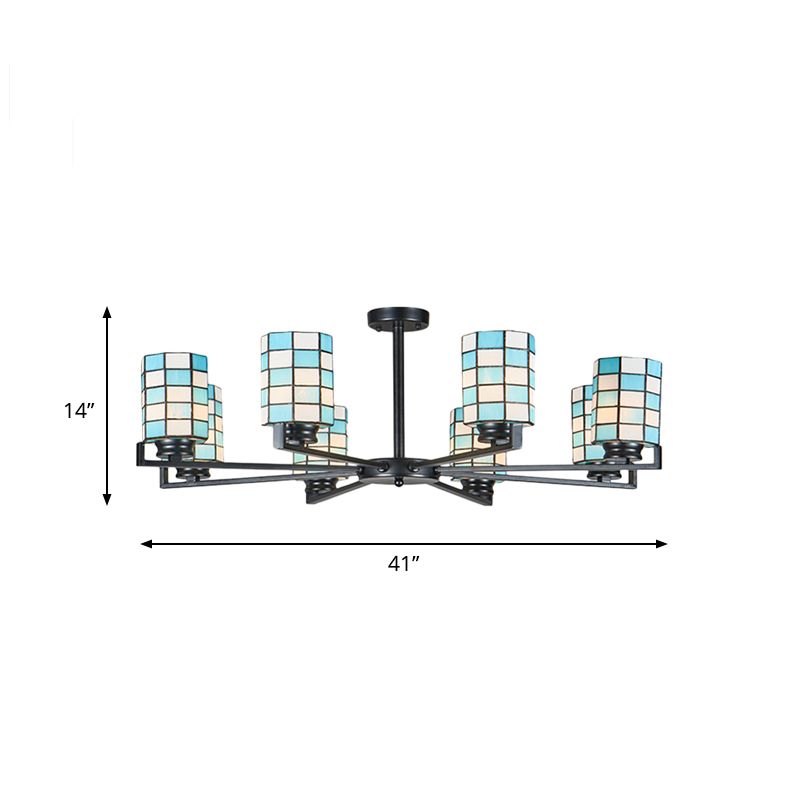Stained Glass Black/White Semi Mount Lighting Cylinder 3/6/8 Lights Baroque Ceiling Mounted Light