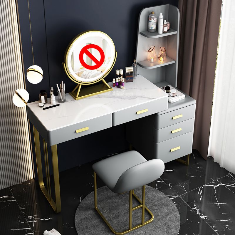 5 Wood Drawers Vanity Set with Stool in Grey Stone Top Dressing Table