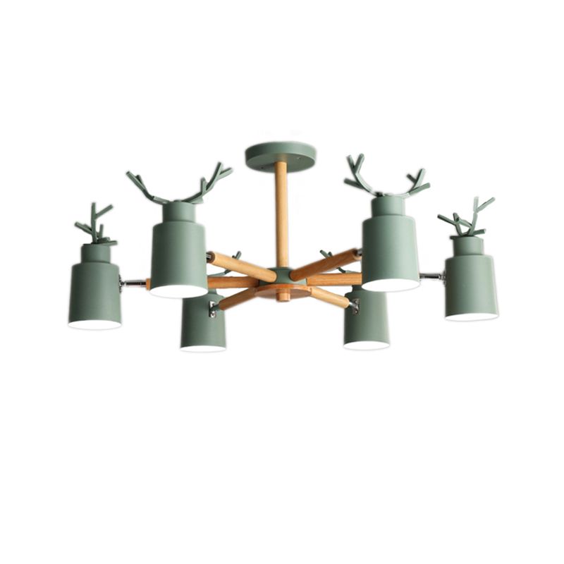 Nordic Cylinder Pendant Light with Antlers Six Lights Wood Chandelier in Green for Kindergarten